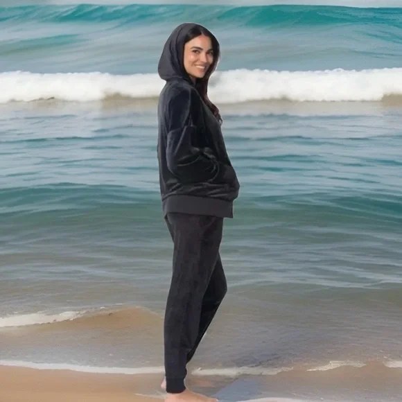 Velour Zip Hoodie & Jogger /Loungewear Set Black Super Soft NWT 2PC Tracksuit - Picture 3 of 5